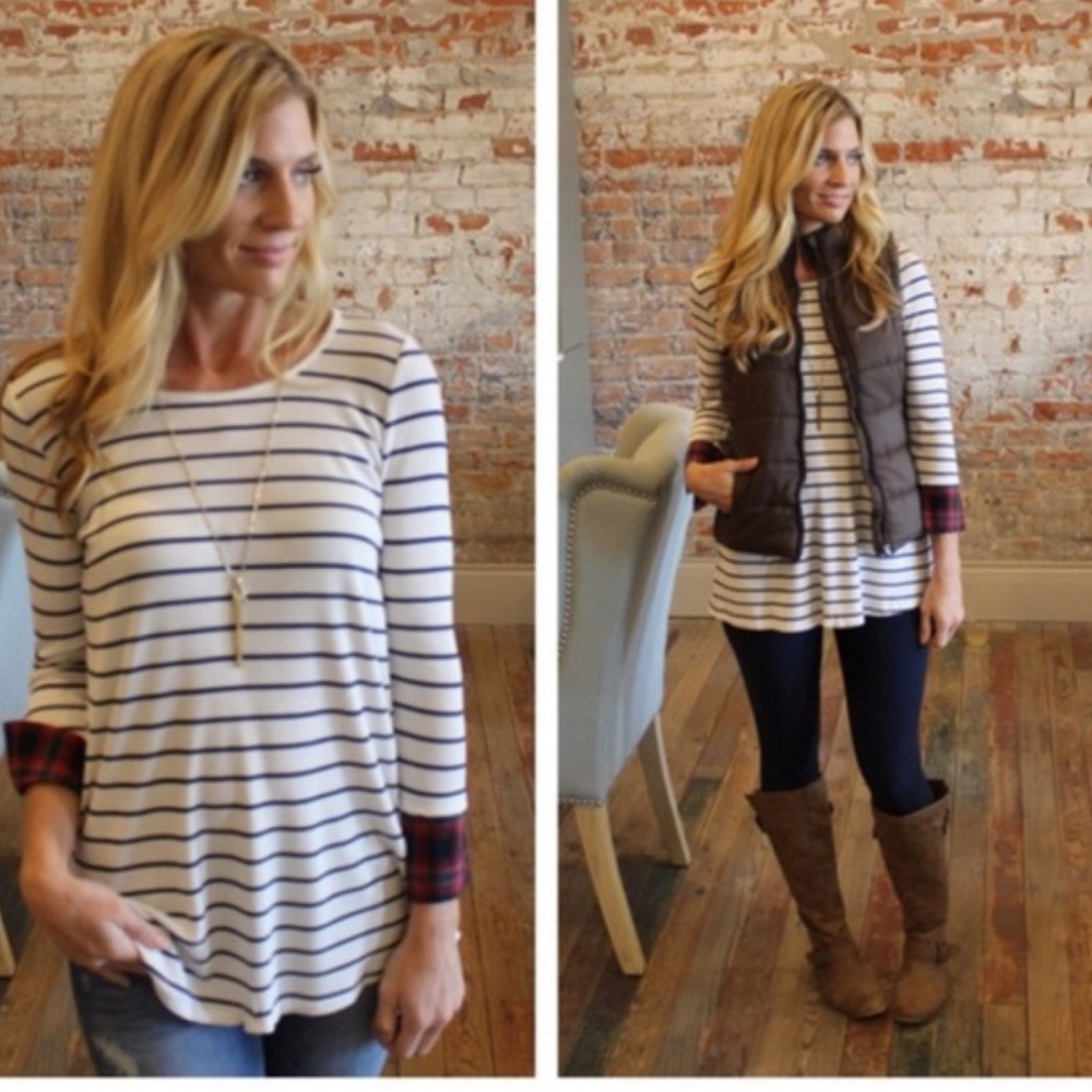 Navy Striped Tunic withh Plaid Cuffs